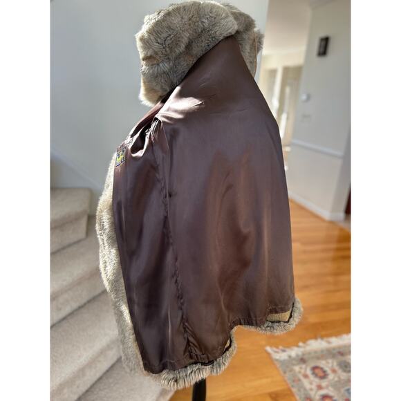 Vintage Faux Fur Taupe Brown Toggle Button Hooded Coat - Picture 6 of 12